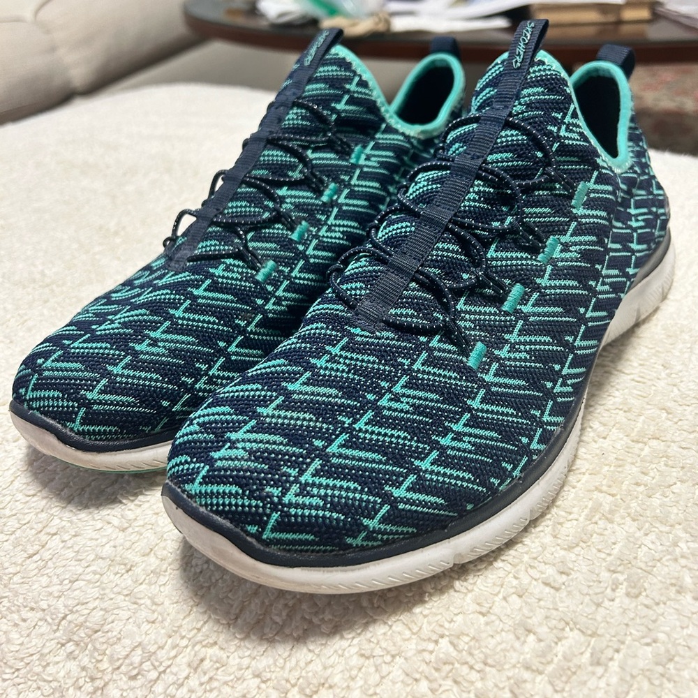Skechers Flex Appeal 2.0 navy teal pattern slip on sneaker comfort